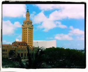 My car's view while I'm in a fiction workshop today (Freedom Tower, overlooking Biscayne Bay, Miami)